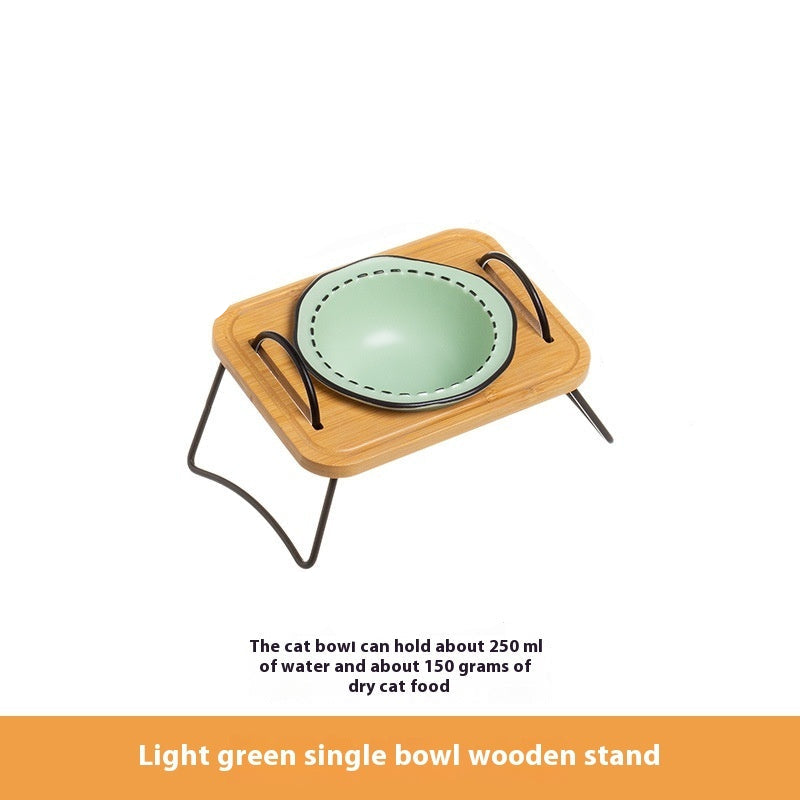 Pet Wooden Rack Ceramic Anti Tumble Feeding Bowl Easy Clean Stand