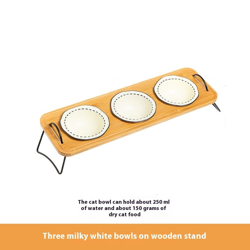 Pet Wooden Rack Ceramic Anti Tumble Feeding Bowl Easy Clean Stand