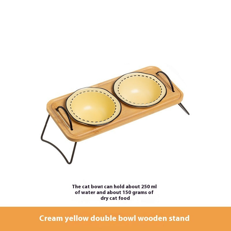 Pet Wooden Rack Ceramic Anti Tumble Feeding Bowl Easy Clean Stand