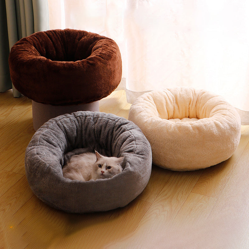 Pet Long Plush Donut Round Warm Sleeping Bed Cushion