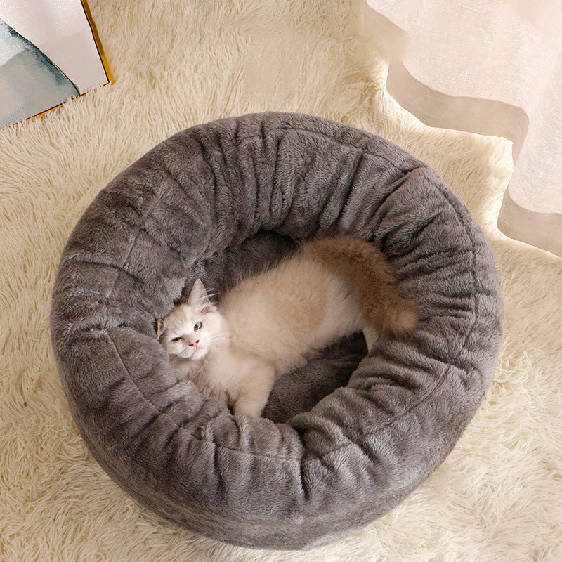 Pet Long Plush Donut Round Warm Sleeping Bed Cushion