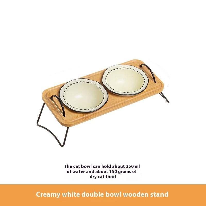 Pet Wooden Rack Ceramic Anti Tumble Feeding Bowl Easy Clean Stand