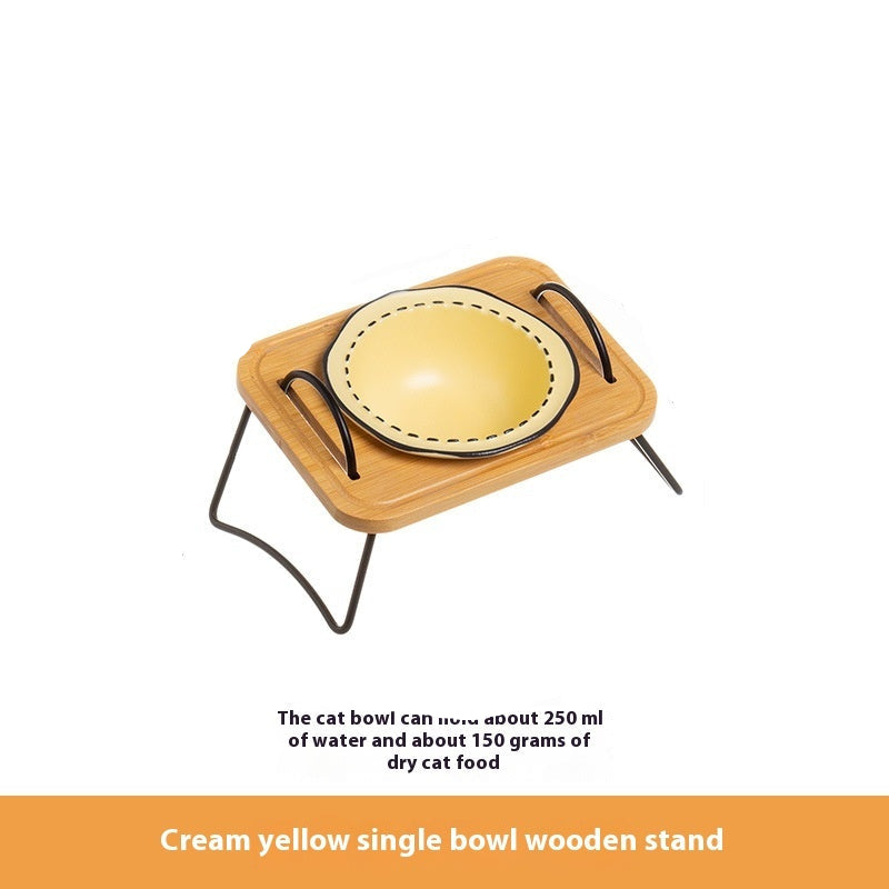 Pet Wooden Rack Ceramic Anti Tumble Feeding Bowl Easy Clean Stand