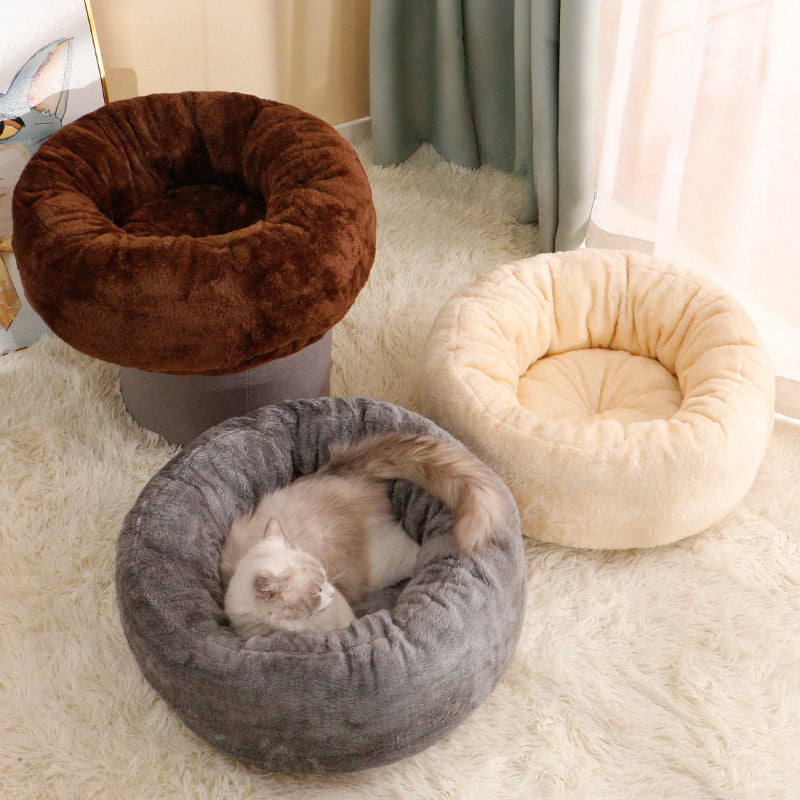 Pet Long Plush Donut Round Warm Sleeping Bed Cushion
