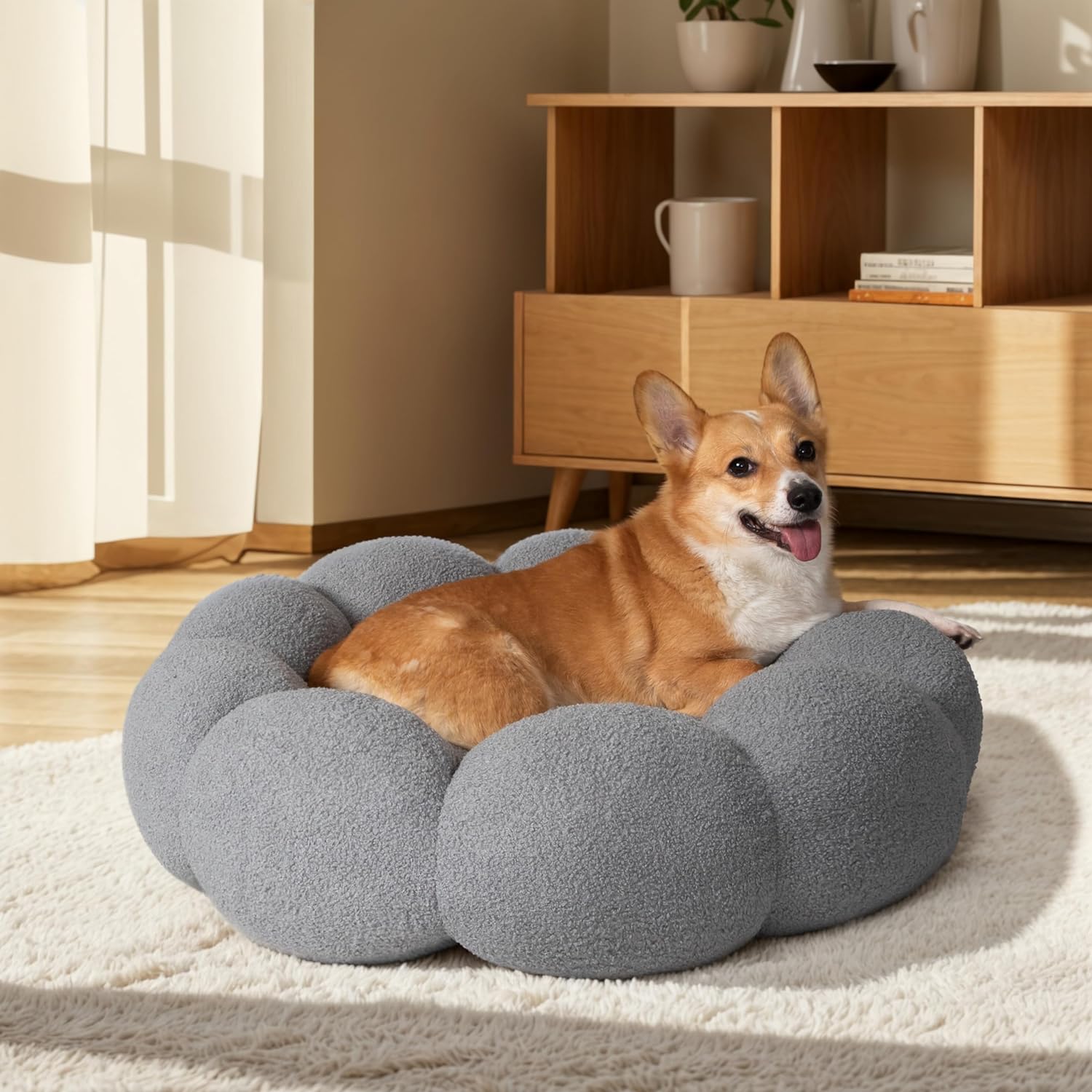 Pet Calming Fluffy Flower Round Donut Plush Bed