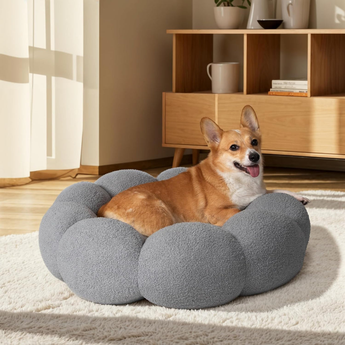 Pet Calming Fluffy Flower Round Donut Plush Bed
