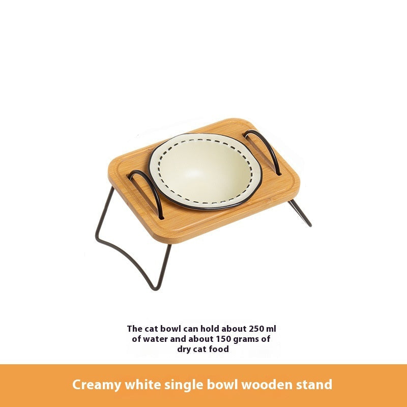 Pet Wooden Rack Ceramic Anti Tumble Feeding Bowl Easy Clean Stand