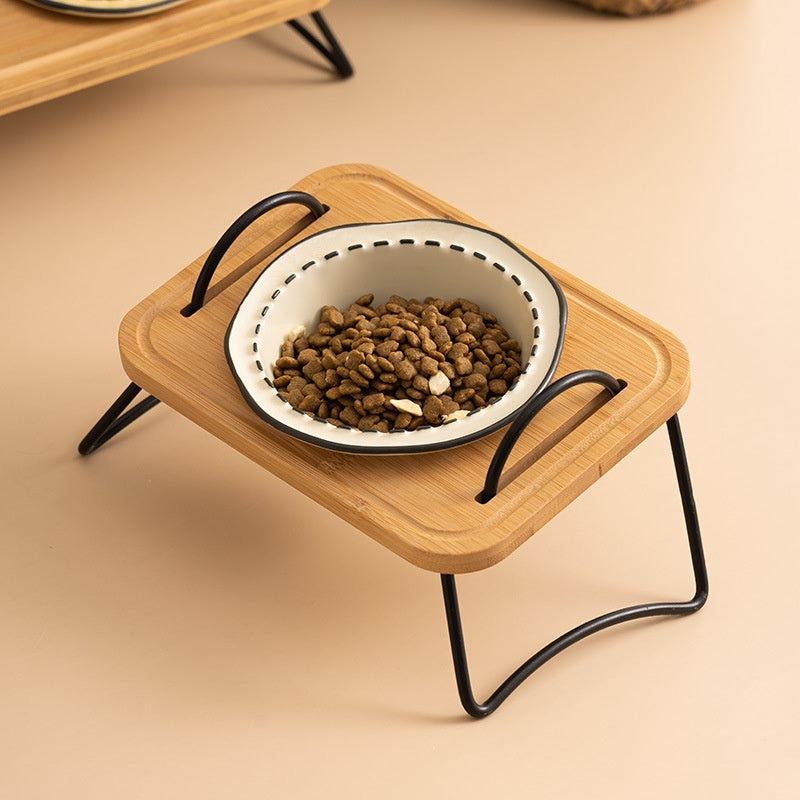 Pet Wooden Rack Ceramic Anti Tumble Feeding Bowl Easy Clean Stand