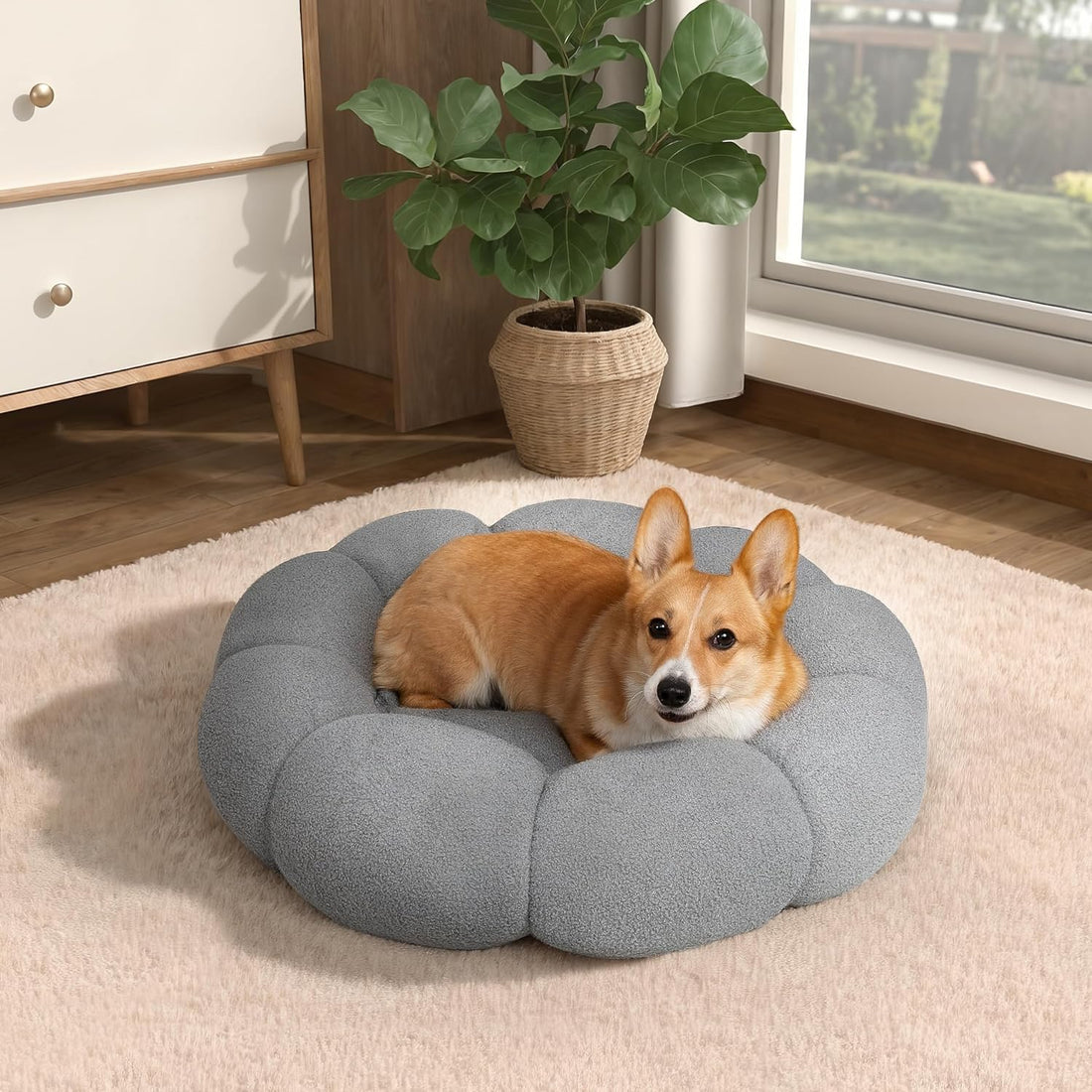Pet Calming Fluffy Flower Round Donut Plush Bed