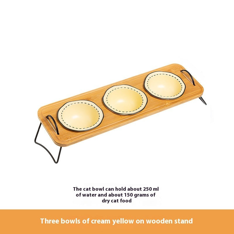 Pet Wooden Rack Ceramic Anti Tumble Feeding Bowl Easy Clean Stand