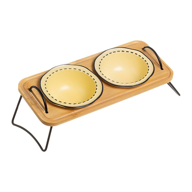 Pet Wooden Rack Ceramic Anti Tumble Feeding Bowl Easy Clean Stand