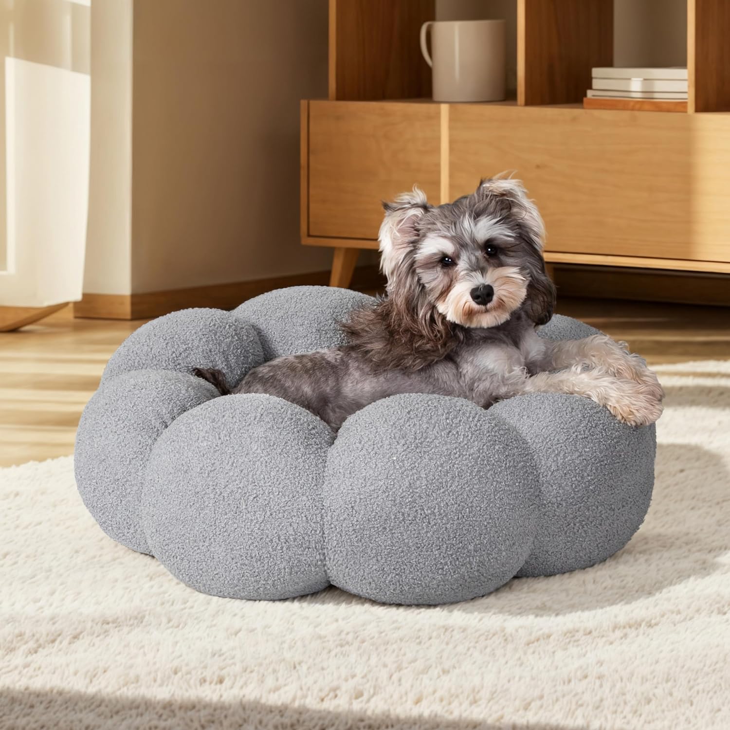 Pet Calming Fluffy Flower Round Donut Plush Bed