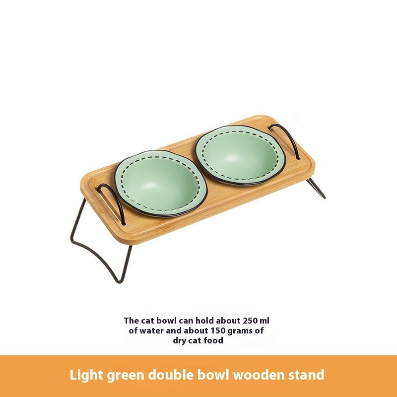 Pet Wooden Rack Ceramic Anti Tumble Feeding Bowl Easy Clean Stand