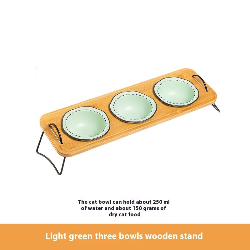 Pet Wooden Rack Ceramic Anti Tumble Feeding Bowl Easy Clean Stand