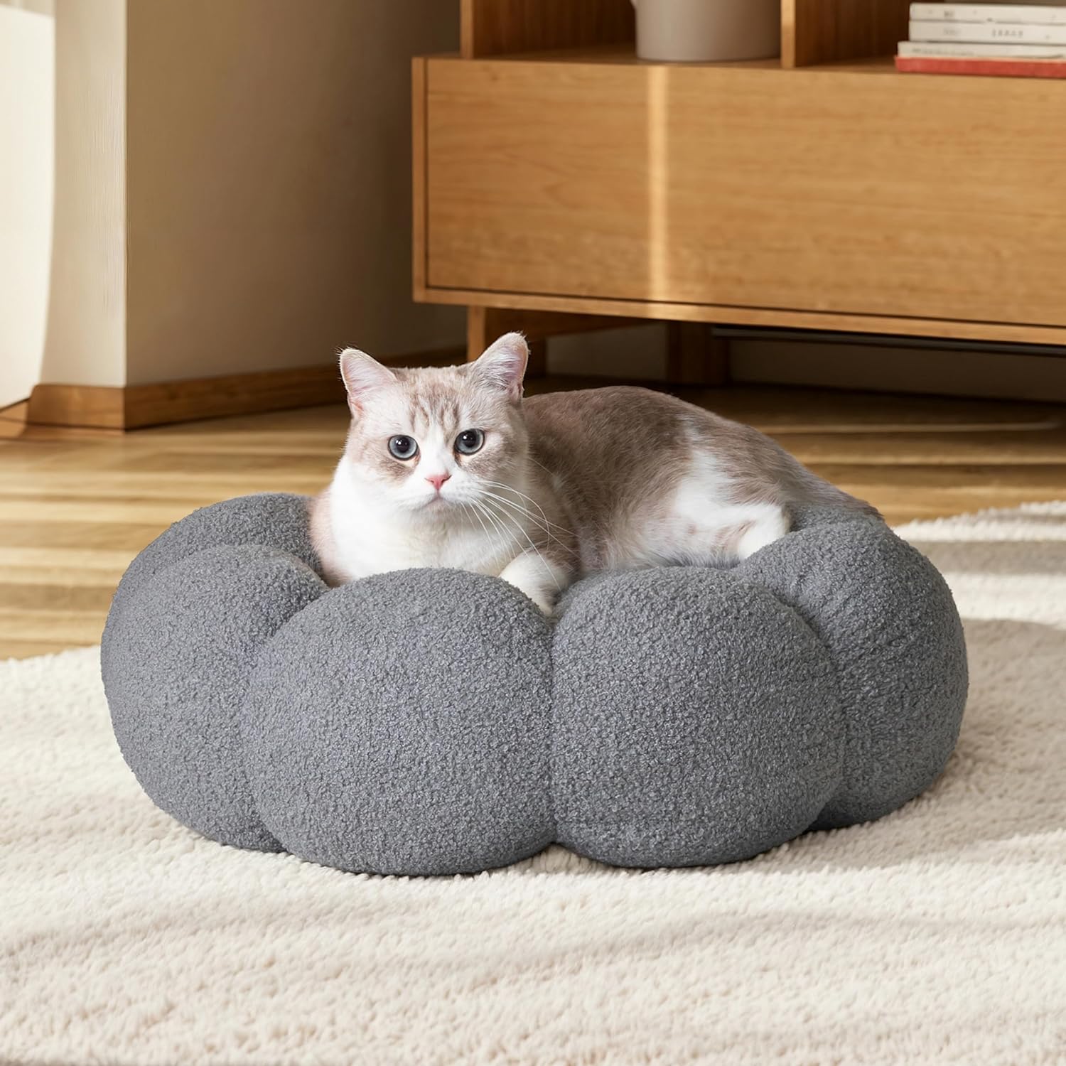 Pet Calming Fluffy Flower Round Donut Plush Bed