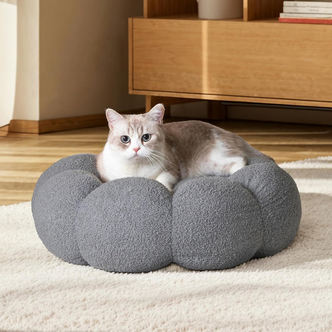 Pet Calming Fluffy Flower Round Donut Plush Bed